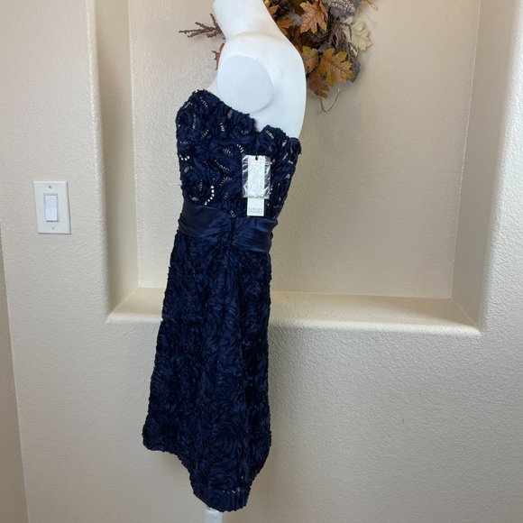 Badgley Mischka 100% Silk Ruffled Beaded Strapless Corset Dress, Blue NWT 4 - Picture 13 of 16